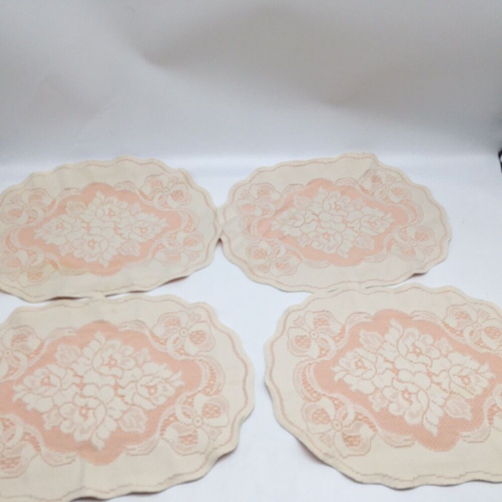 Vtg Oxford House white Lace over Peach Placemats Rose andBows  Set Of 4 READ